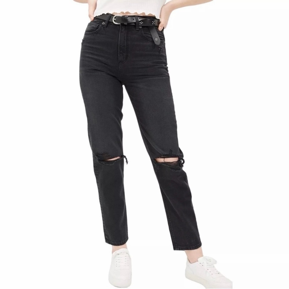 American Eagle Outfitters Black Distressed Mom Straight Jeans
